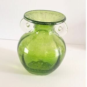 Older Italian style Orecchio Green Vase with Clear Glass Handle 5.5” Tall